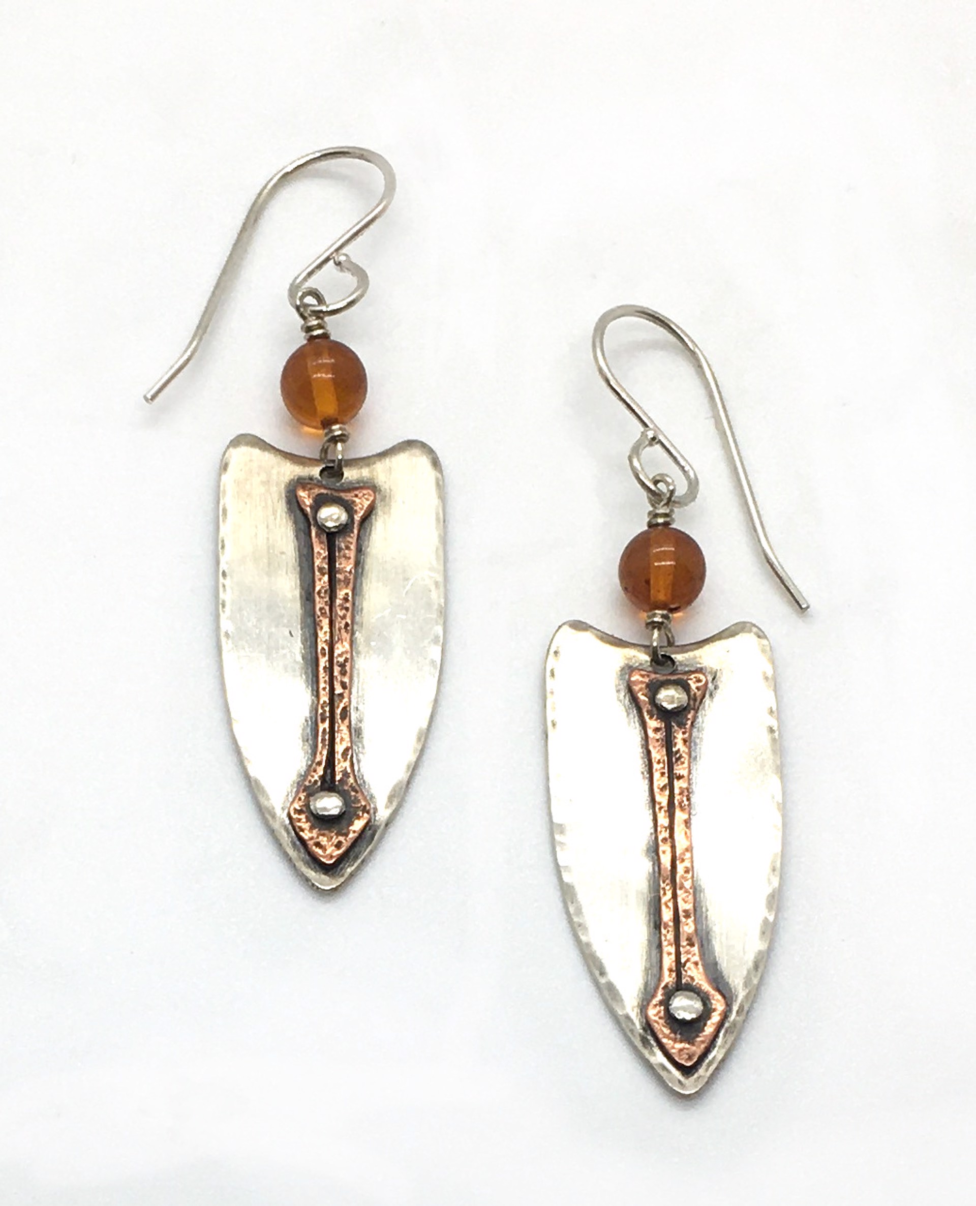 Silver and Copper Riveted Baltic Amber Earrings by Grace Ashford