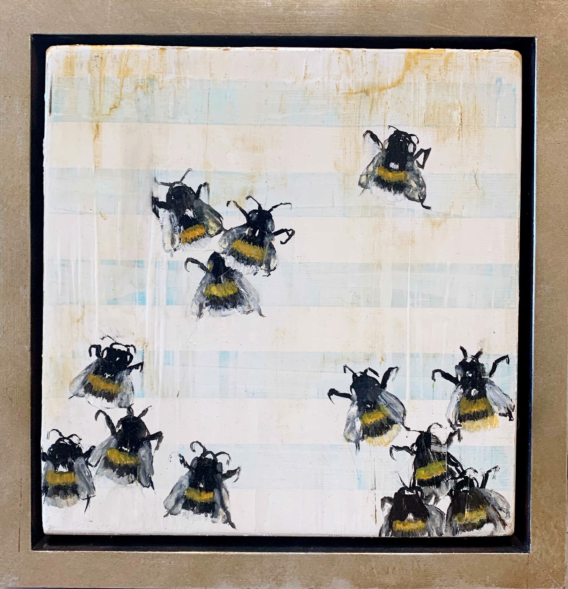 Oil Painting Of Bumble Bees On A Contemporary Background Featuring Light Blue And White Stripes, By Jenna Von Benedikt