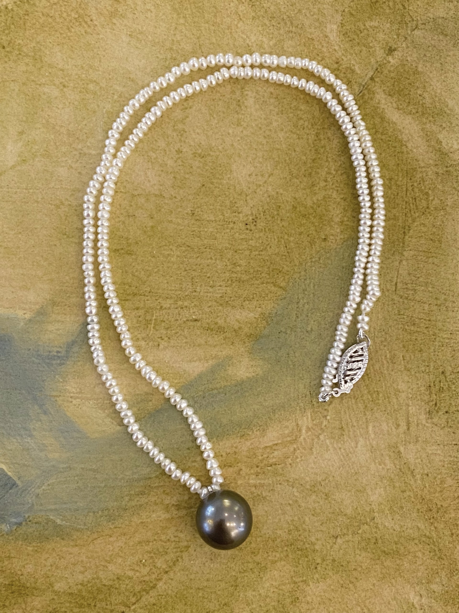 Pearl Button Necklace with Round Tahitian Pearl Drop by Sidney Soriano