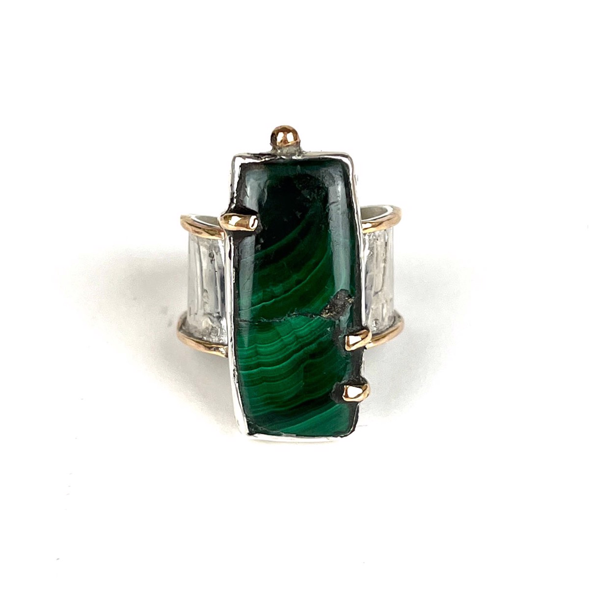 Oblong Malachite in Sterling Silver with 14KGF Trim Ring by Nola Smodic