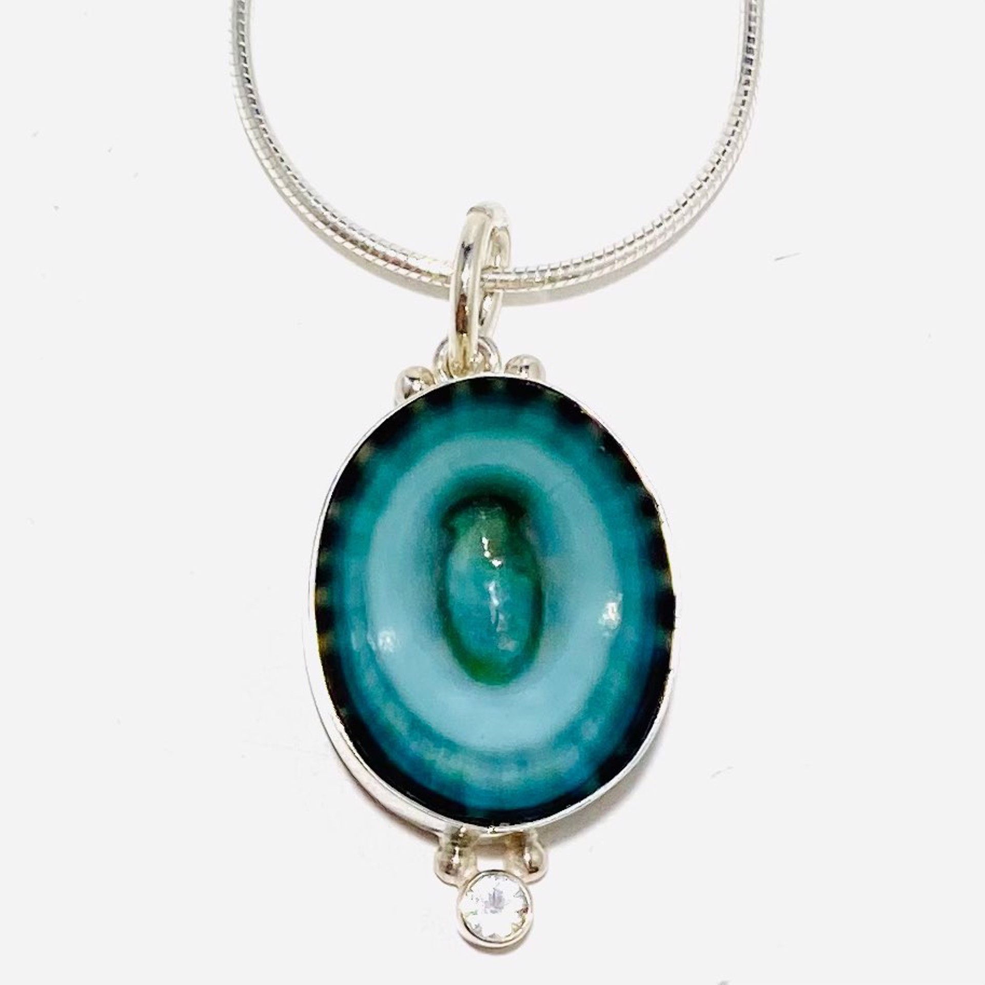 BU22-32 Aqua Limpet  (Pacific Meixco) White Topaz Pendant on 18"Italian Omega Chain Necklace by Barbara Umbel