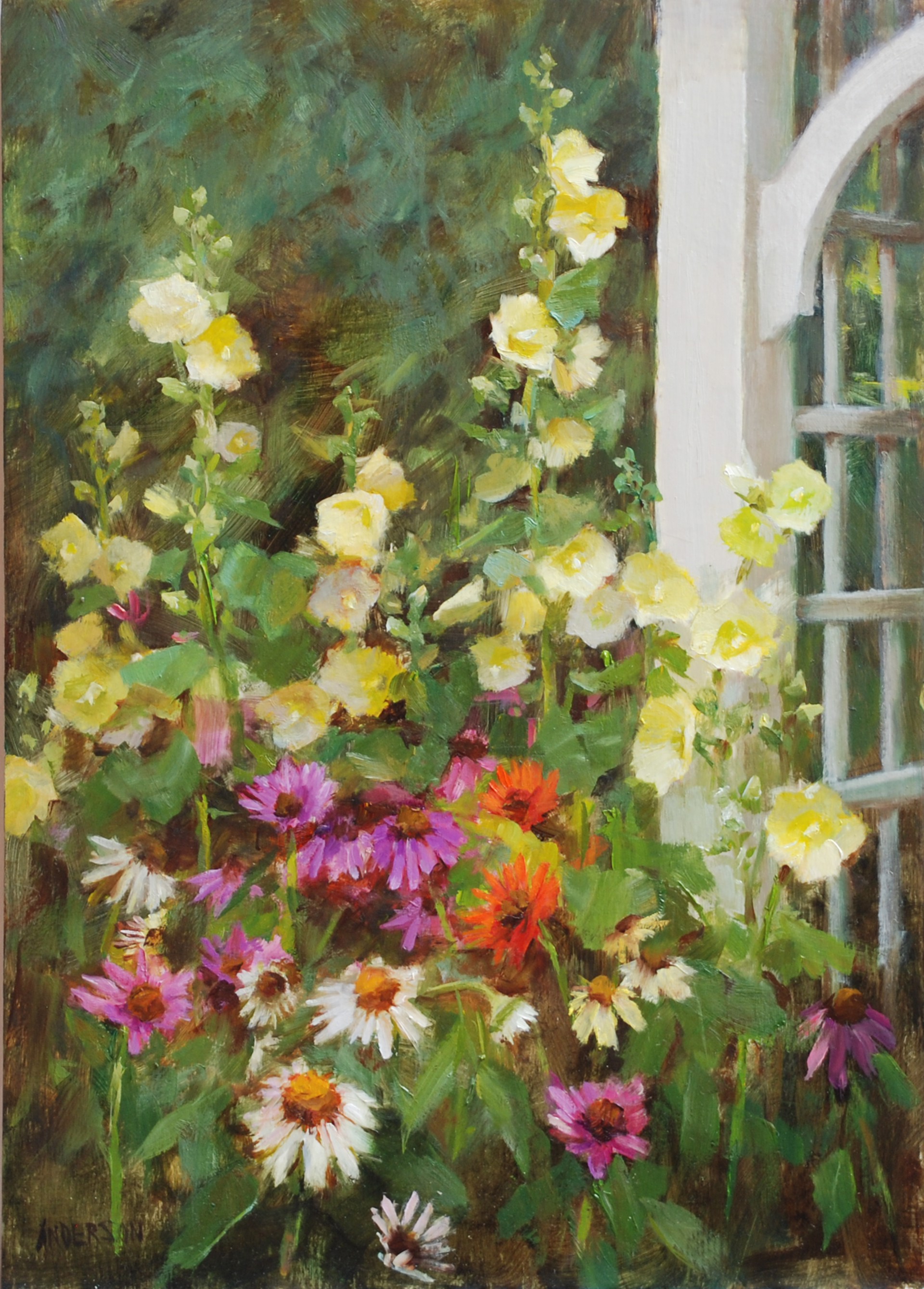 Garden with Yellow Hollyhocks & Coneflowers by Kathy Anderson