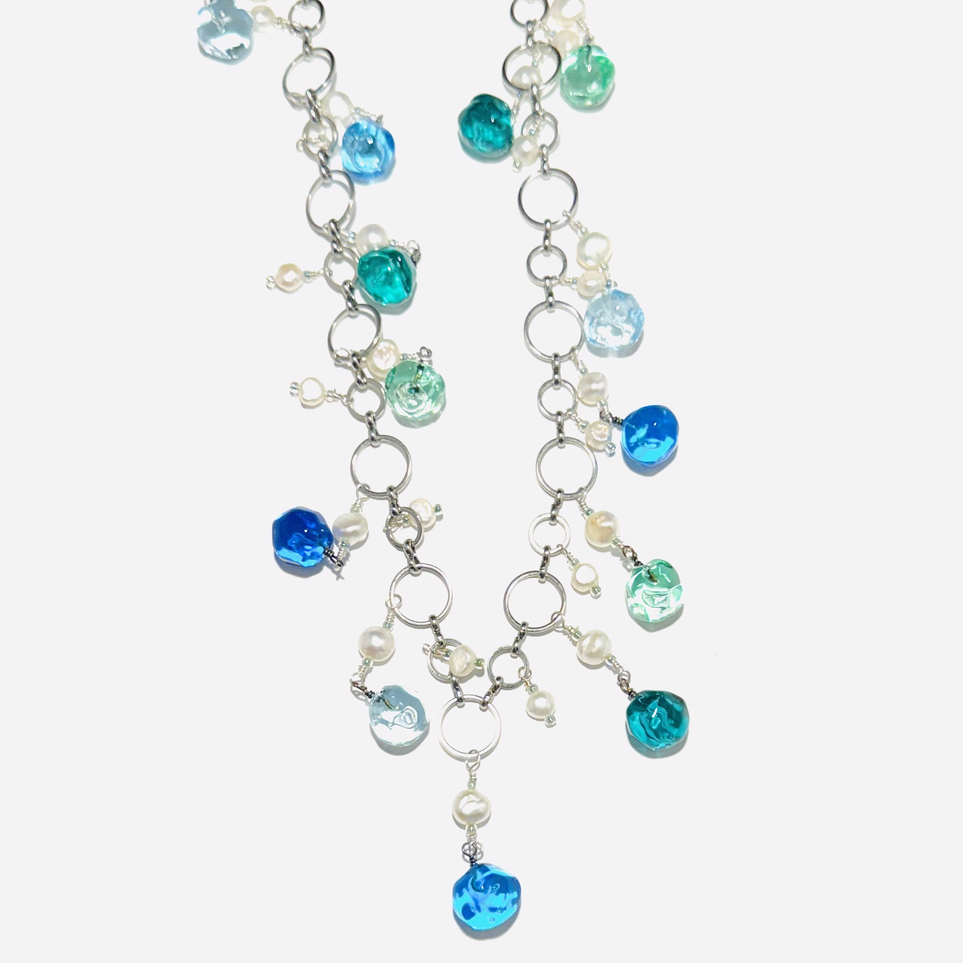 “Sea Glass” Drop Beads with Pearls, Metal Hoop Necklace LS24-63 by Linda Sacra