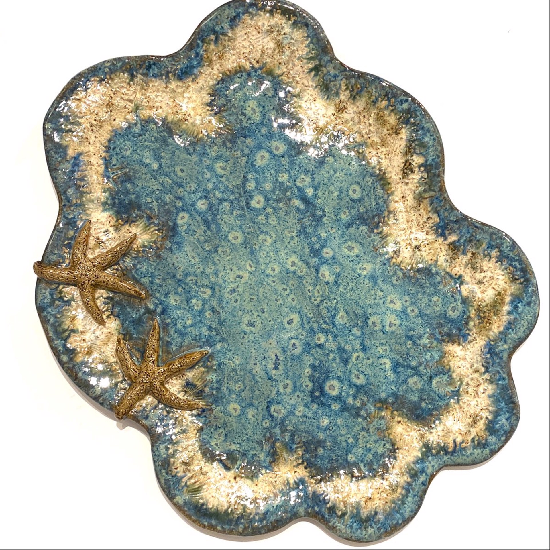 LG23-966 Large Platter with Two Starfish (Blue Glaze) by Jim & Steffi Logan