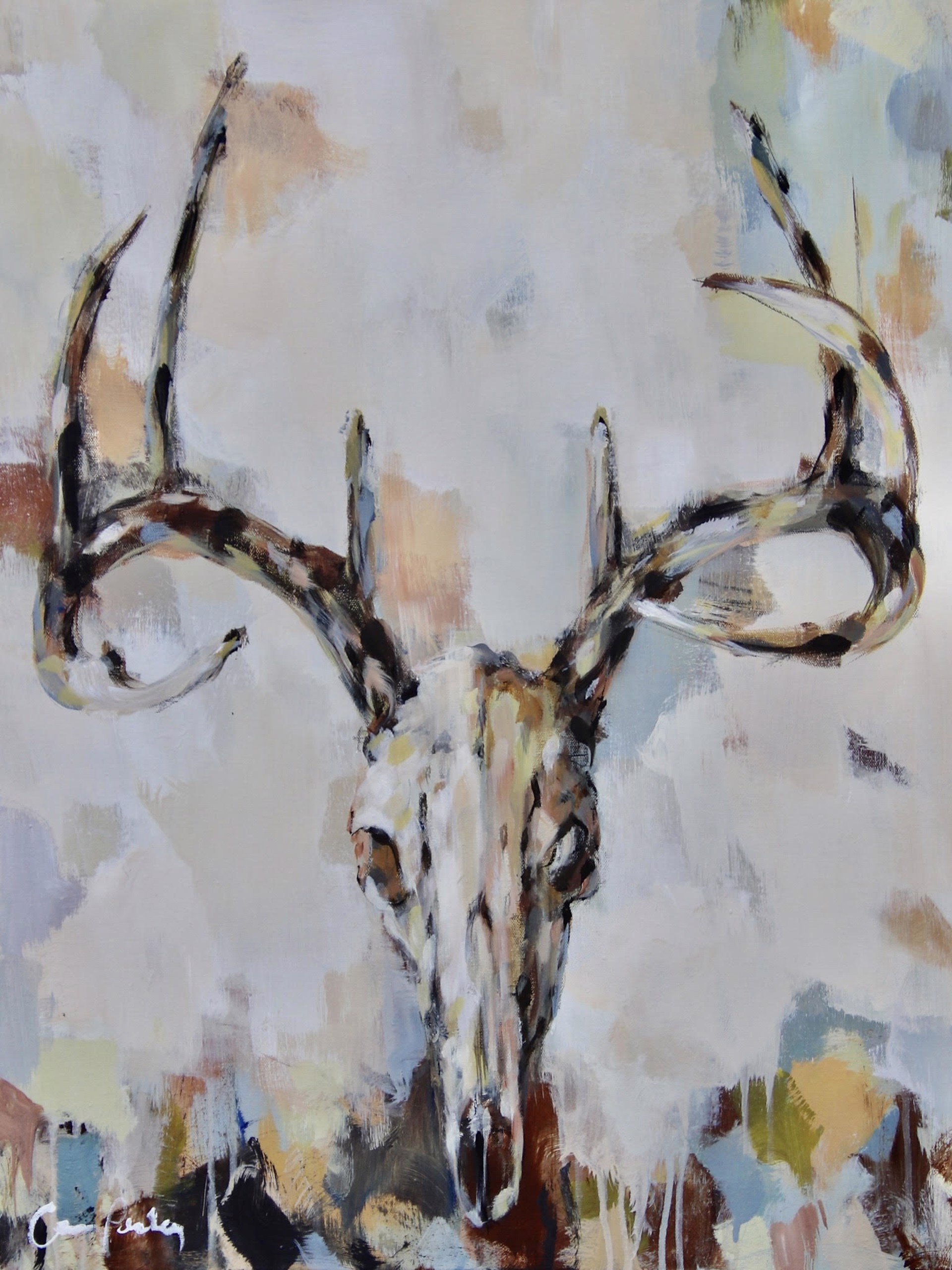 Original Acrylic Painting Of A Skull Featuring A Neutral Background, By Carrie Penley