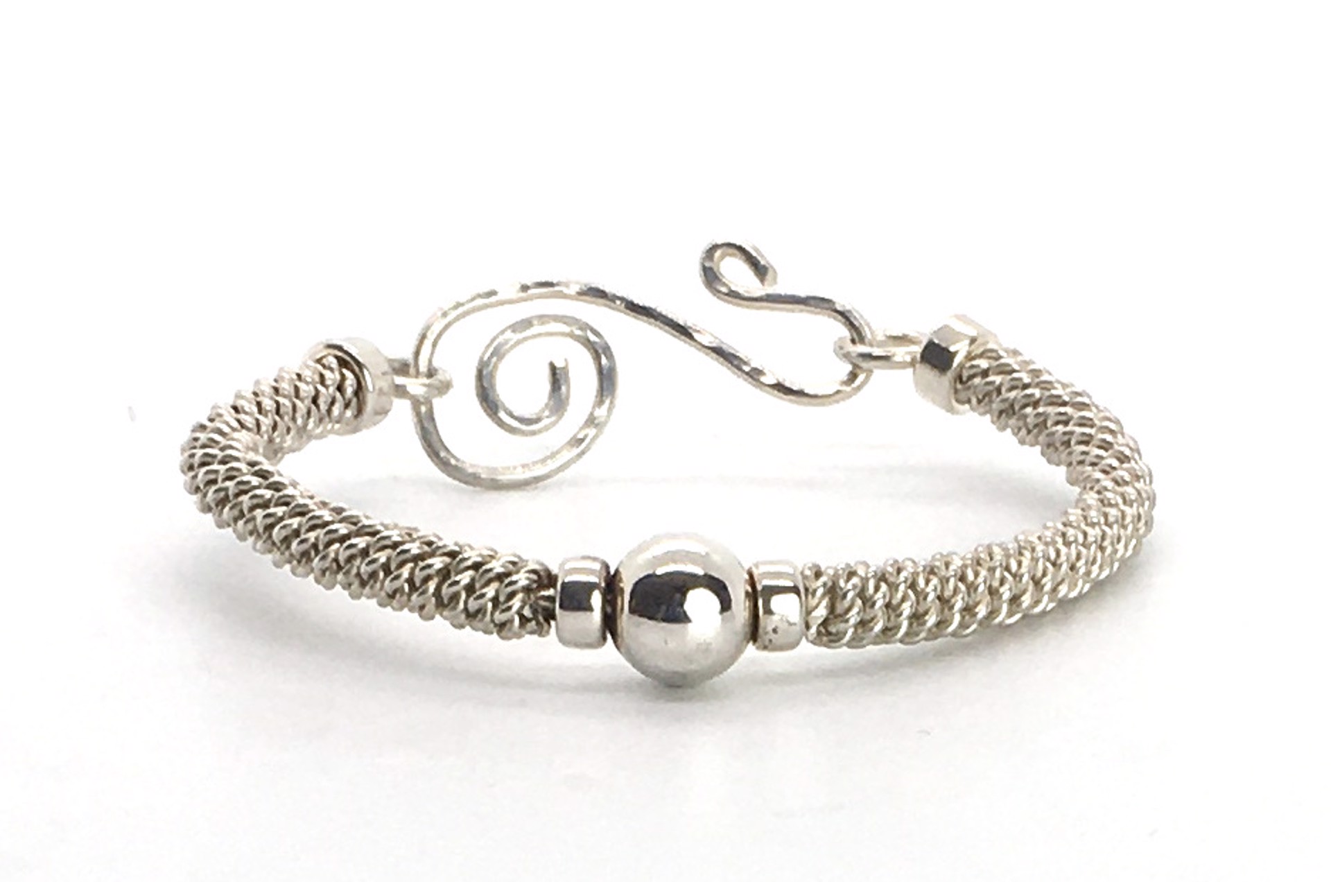 Bracelet - Woven Sterling Silver with Silver Bead by Suzanne Woodworth
