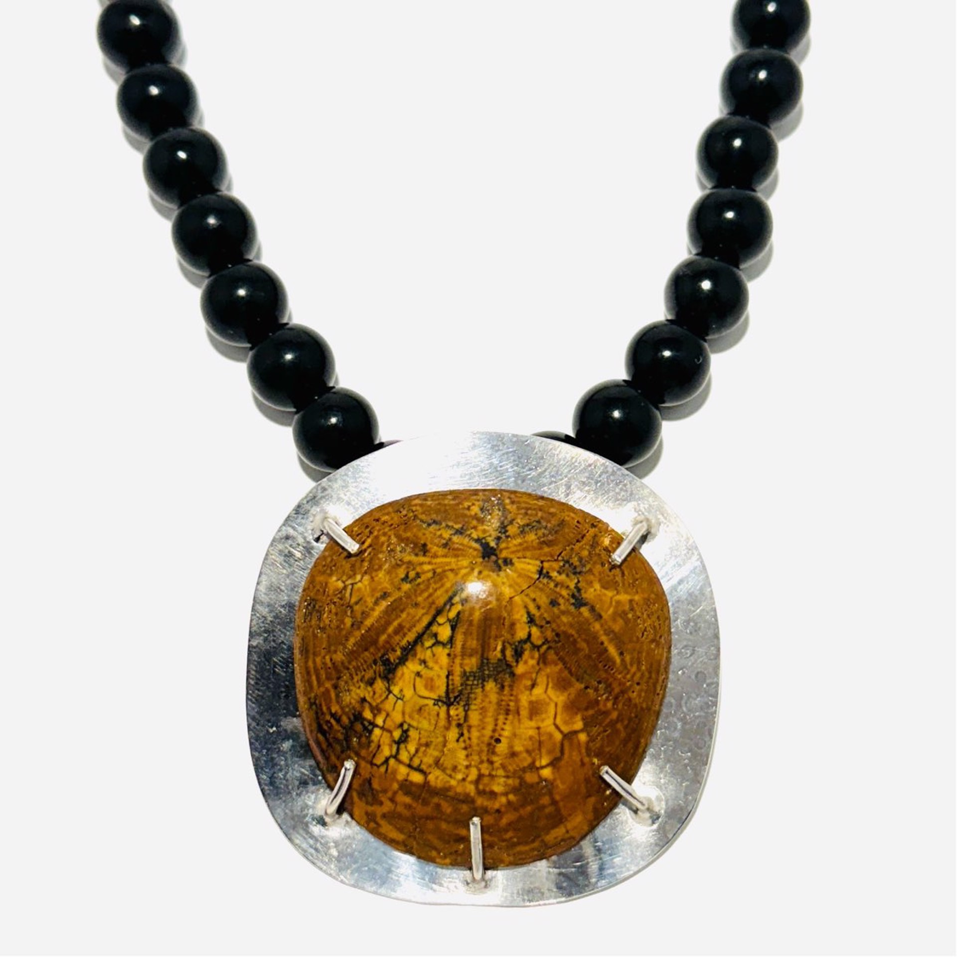 Fossilized Sand Dollar on Sterling Pendant, Large Obsidian Bead Necklace AB23-122 by Anne Bivens