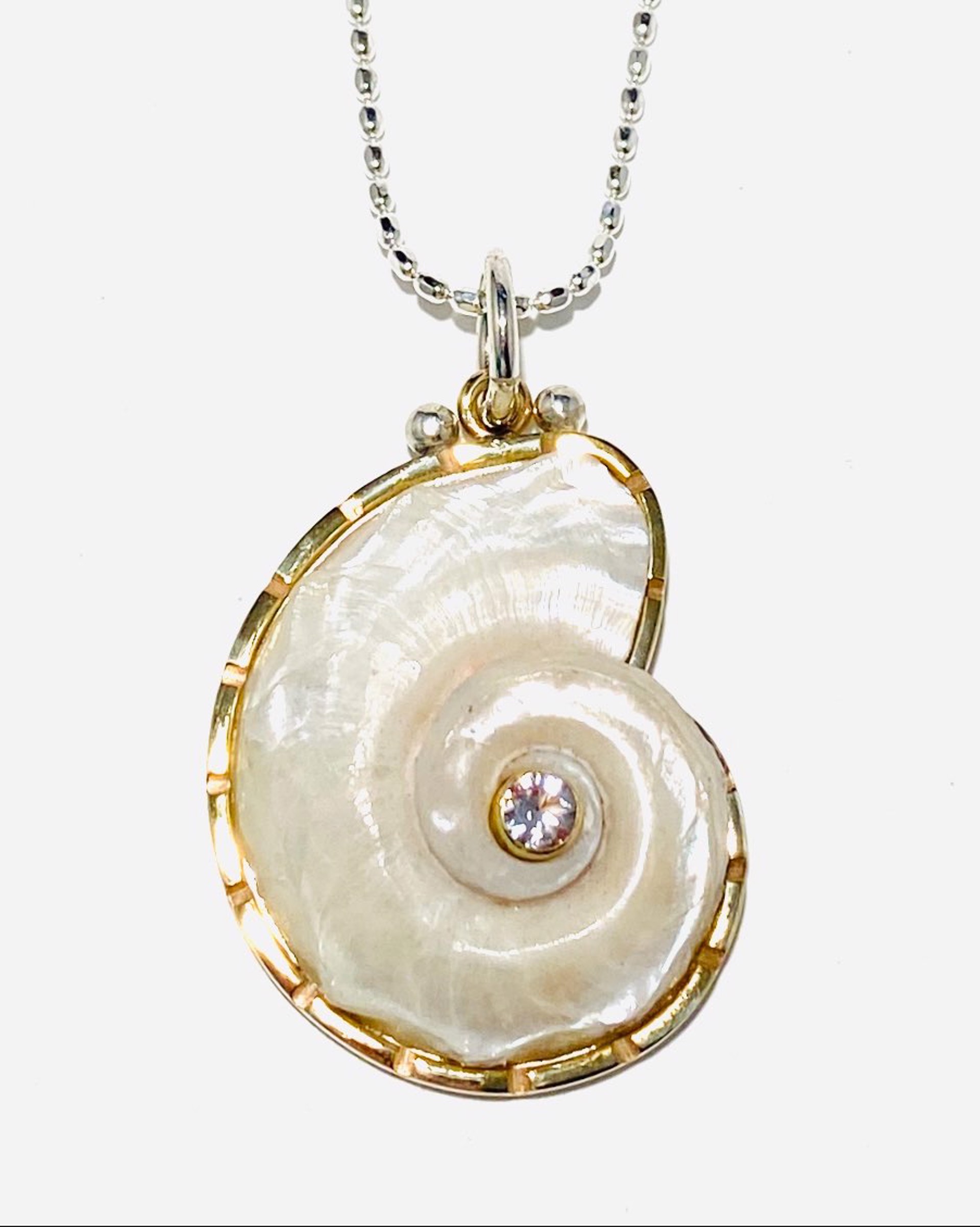 Pearly White Delphinula White Topaz  Pendant On 18"Silver Rice Chain Necklace by Barbara Umbel