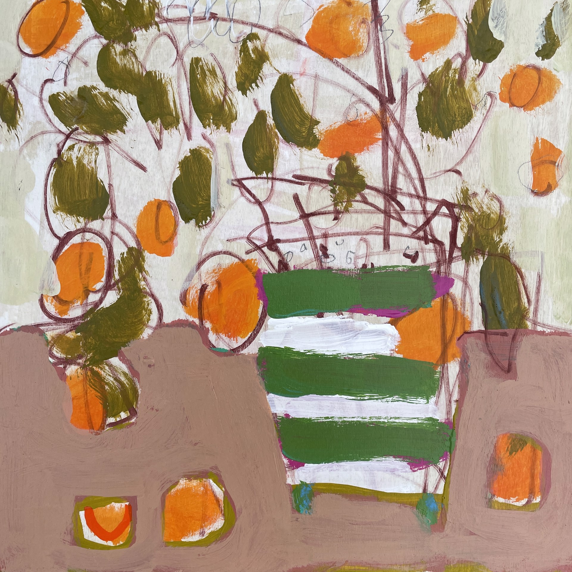 Mandarin Tree in Green and White Striped Vase by Rachael Van Dyke