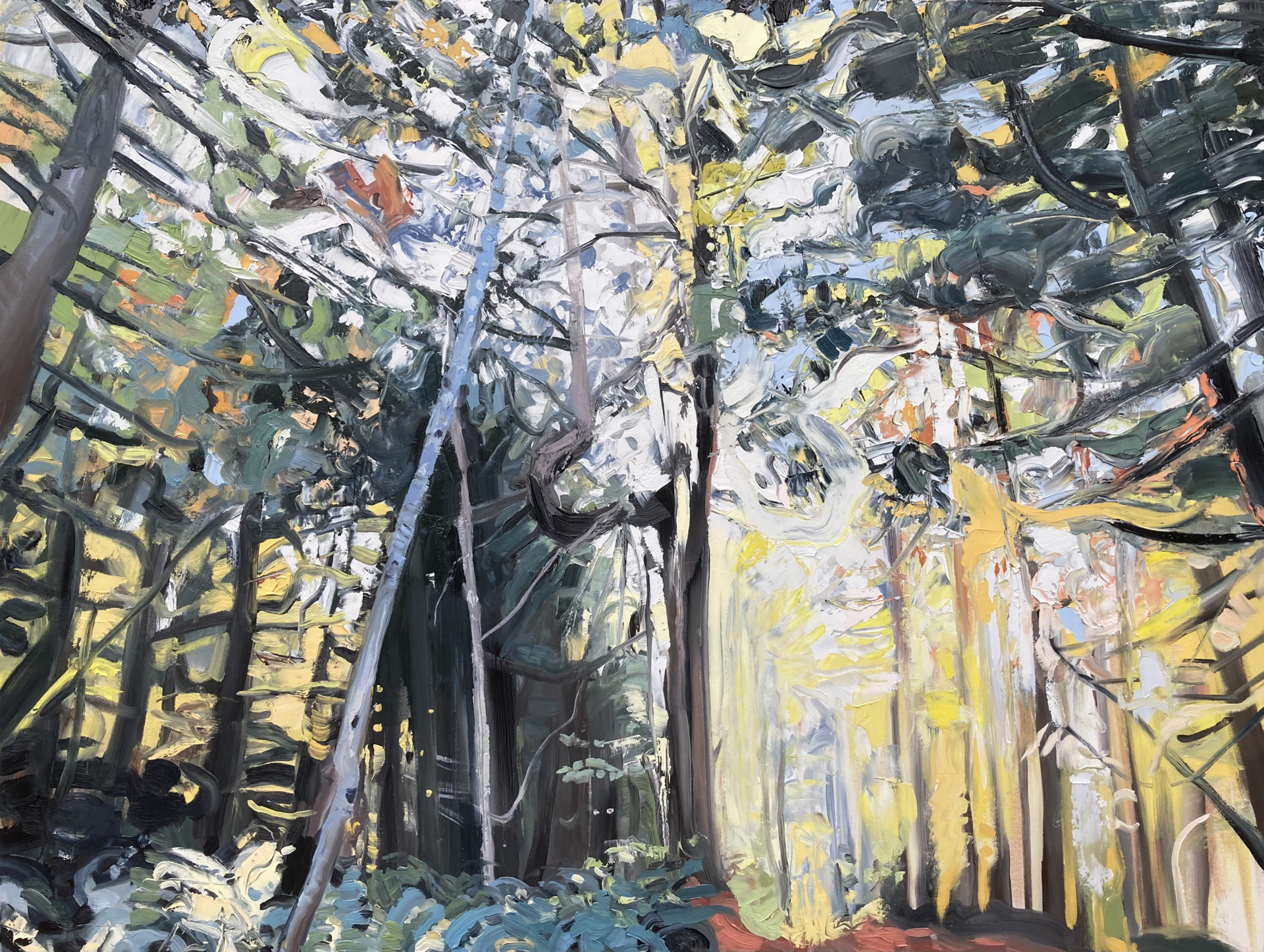 Painting of forest with blinding light