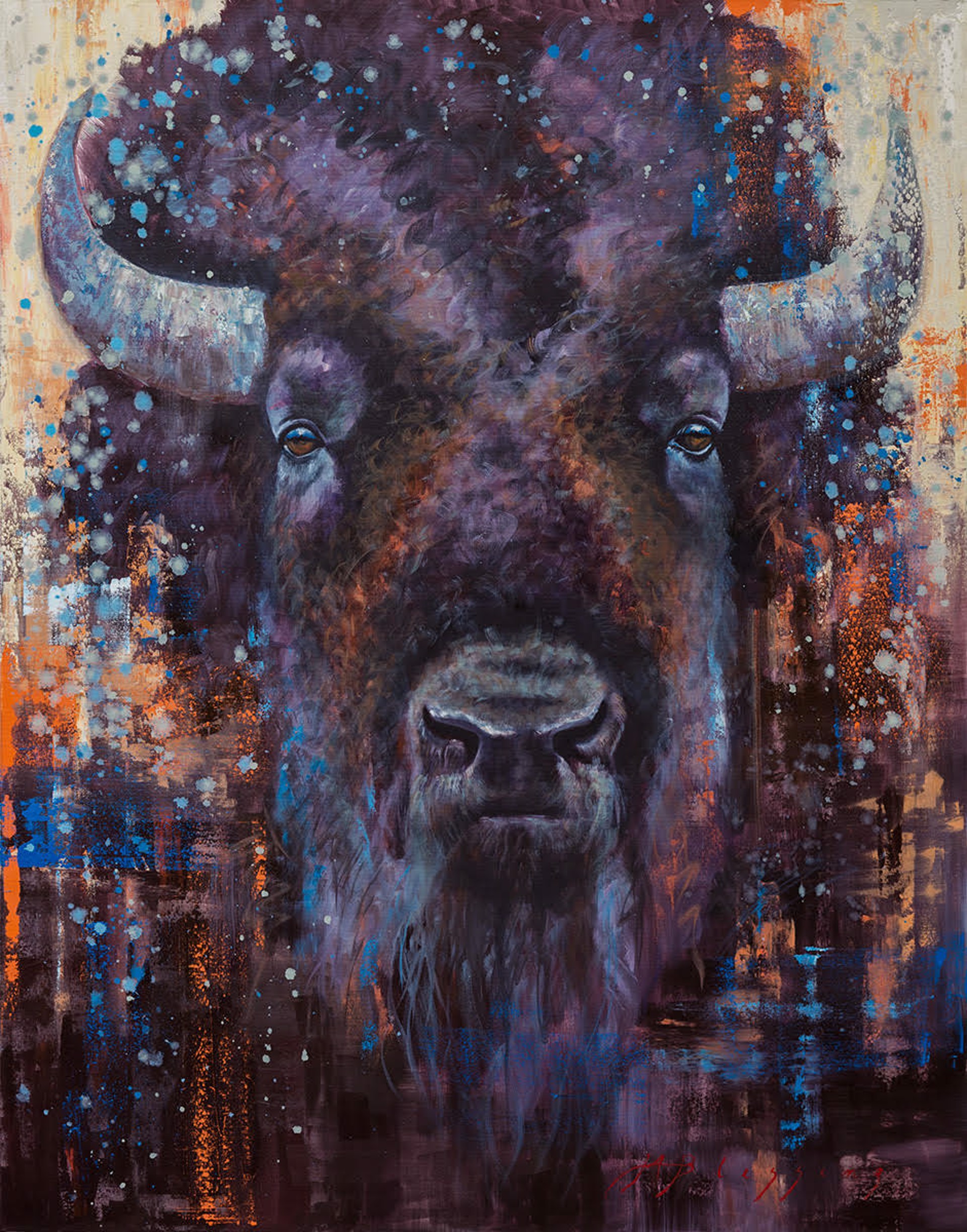 An Original Contemporary Oil Painting Of Bison Face Looking Straight On  With Colorful Abstract Background Markings, By Meagan Blessing