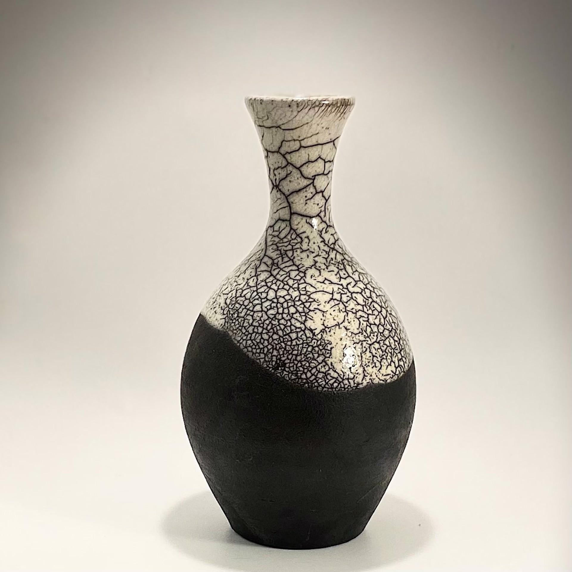 SB22-28  Small  Black and White Crackle Raku Vase by Silas Bradley