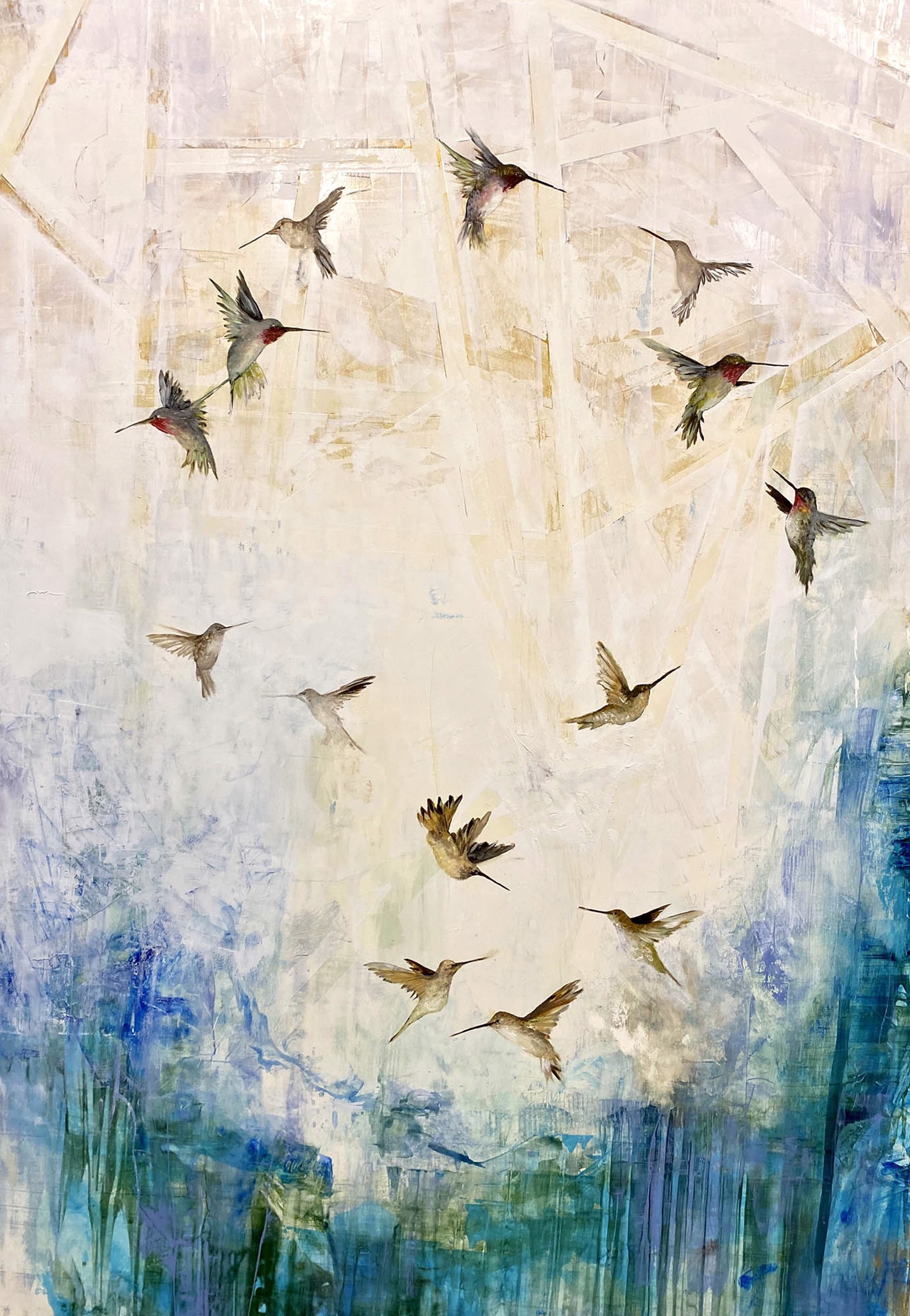 An Oil Painting Of Many Humming Birds In Flight On A Contemporary Abstract Blue And Cream Background With Random Faint Lines, By Jenna Von Benedikt