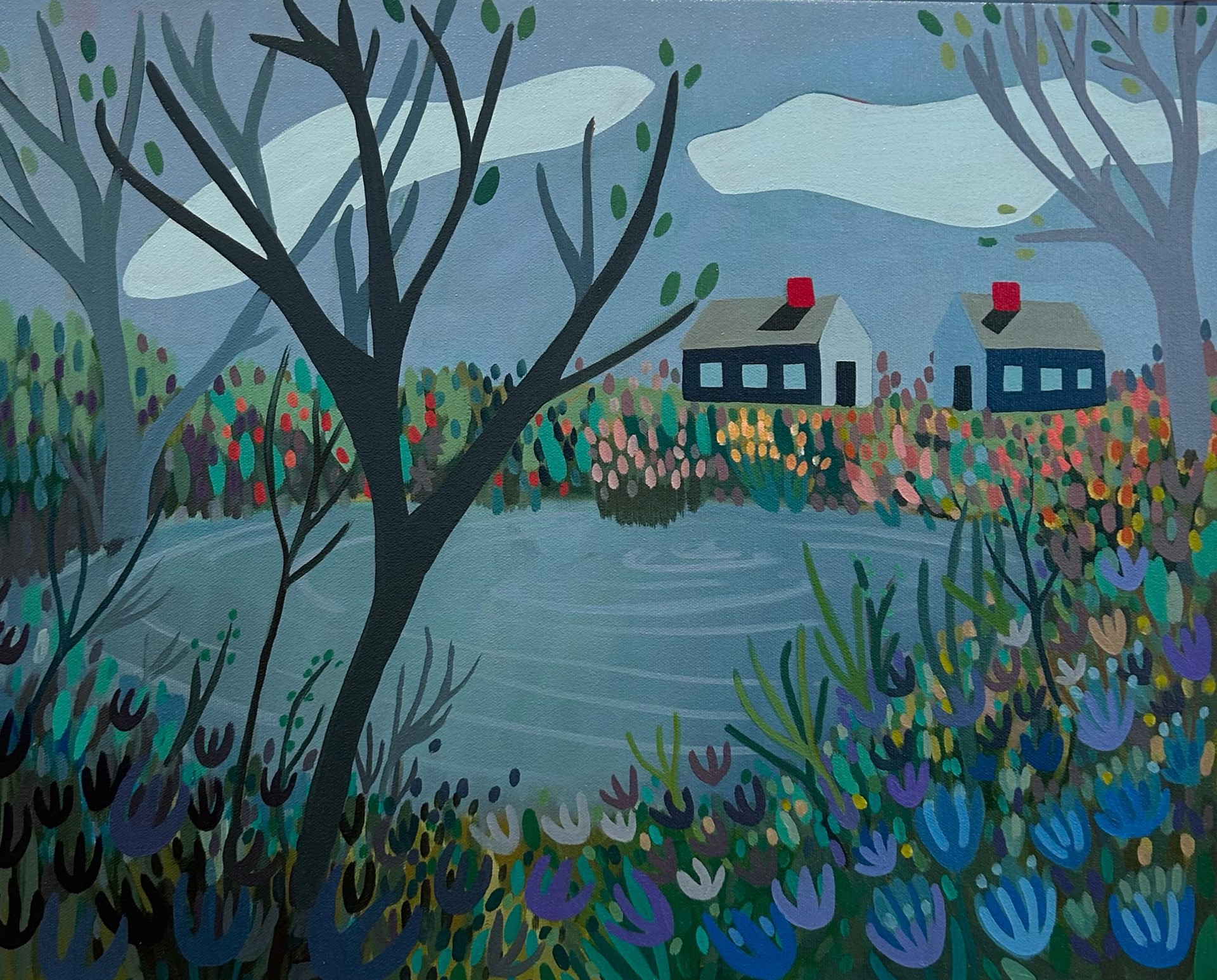 Two Blue Houses on Pond by Sage Tucker-Ketcham