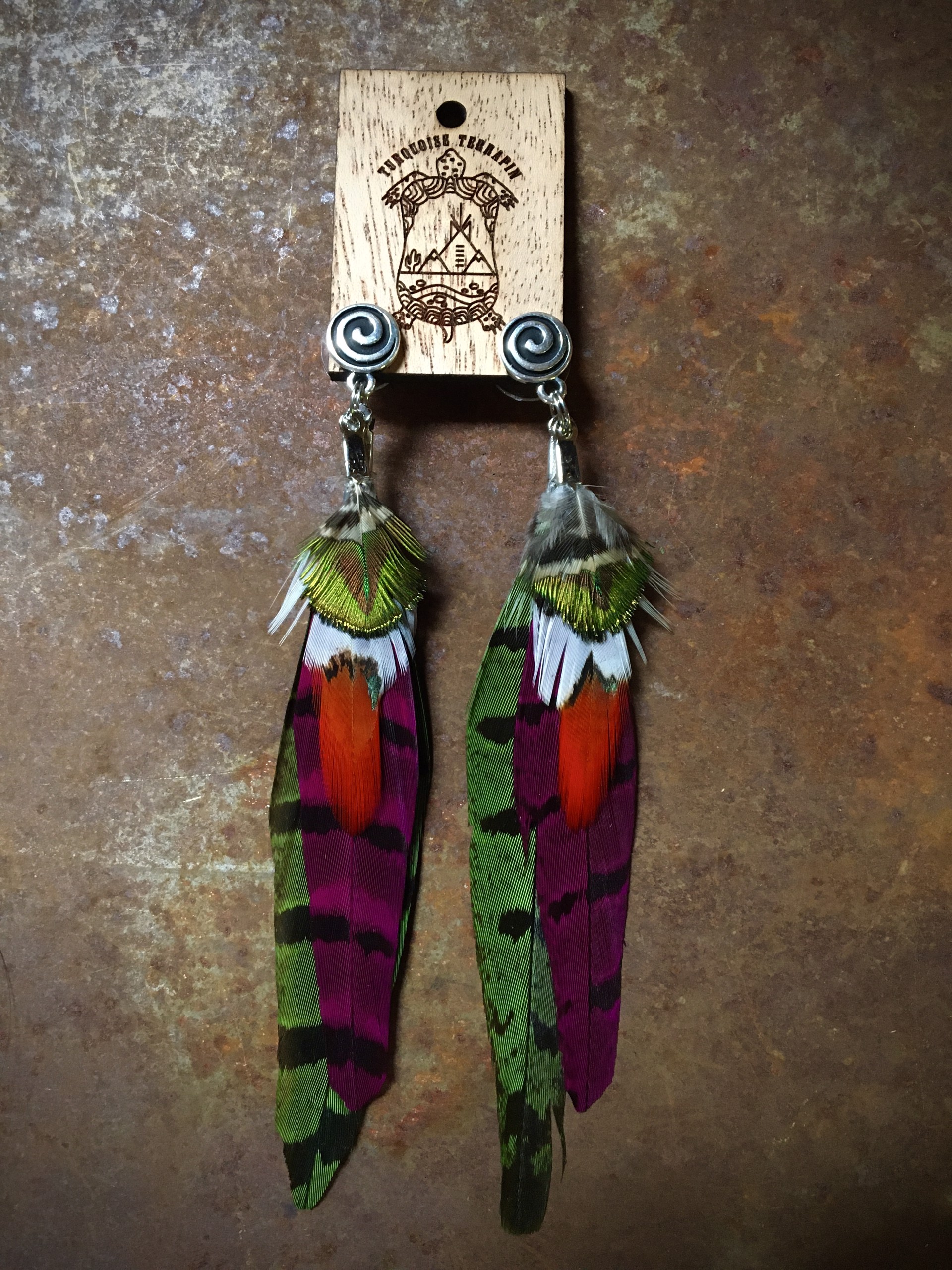 K351 Lady Amherst/ Peacock/ Pheasant Feather Earrings Hot Pink by Kelly Ormsby