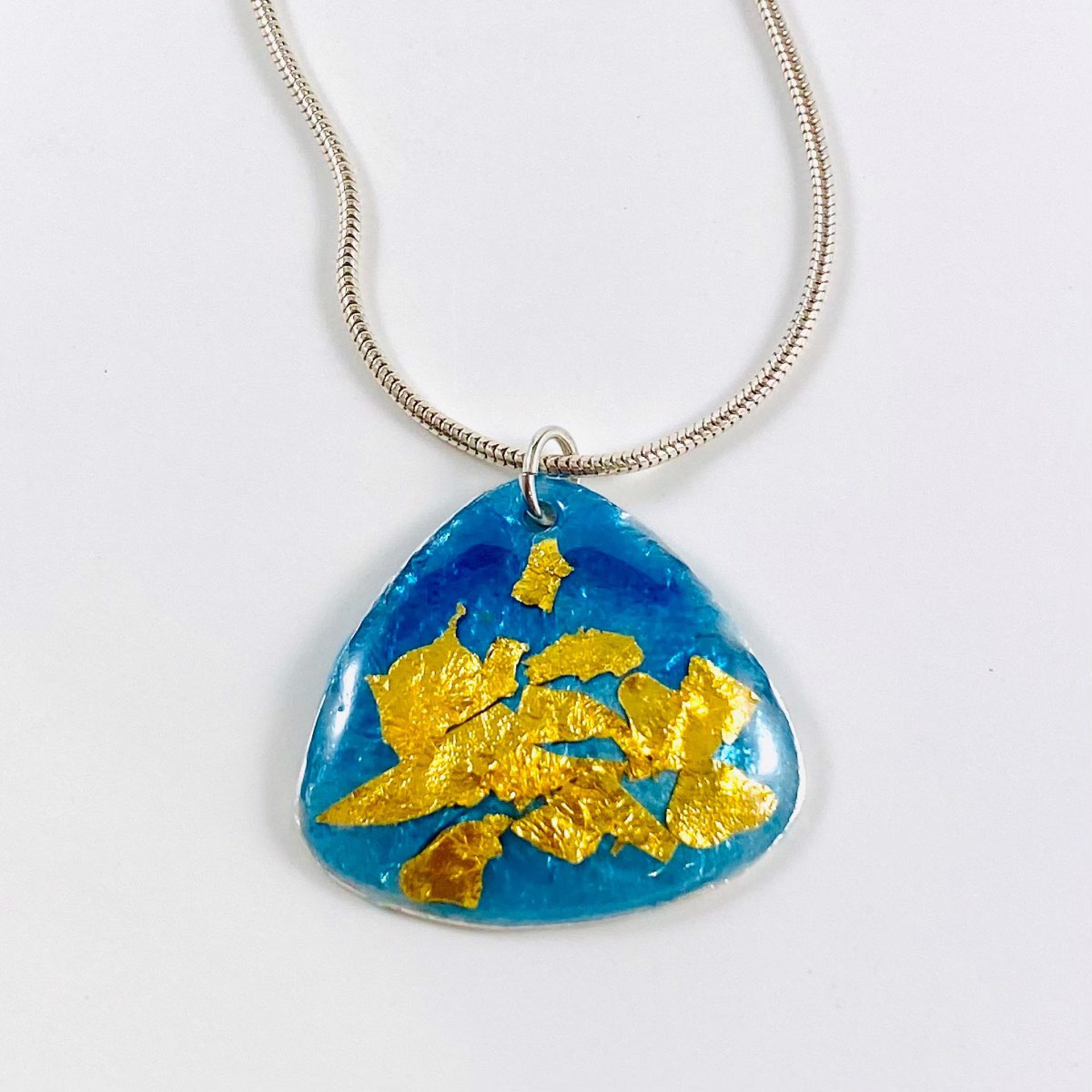 Rounded Triangle  Blue and Gold Vitreous Enamel Pendant 18"Snake Chain by Karen Hakim