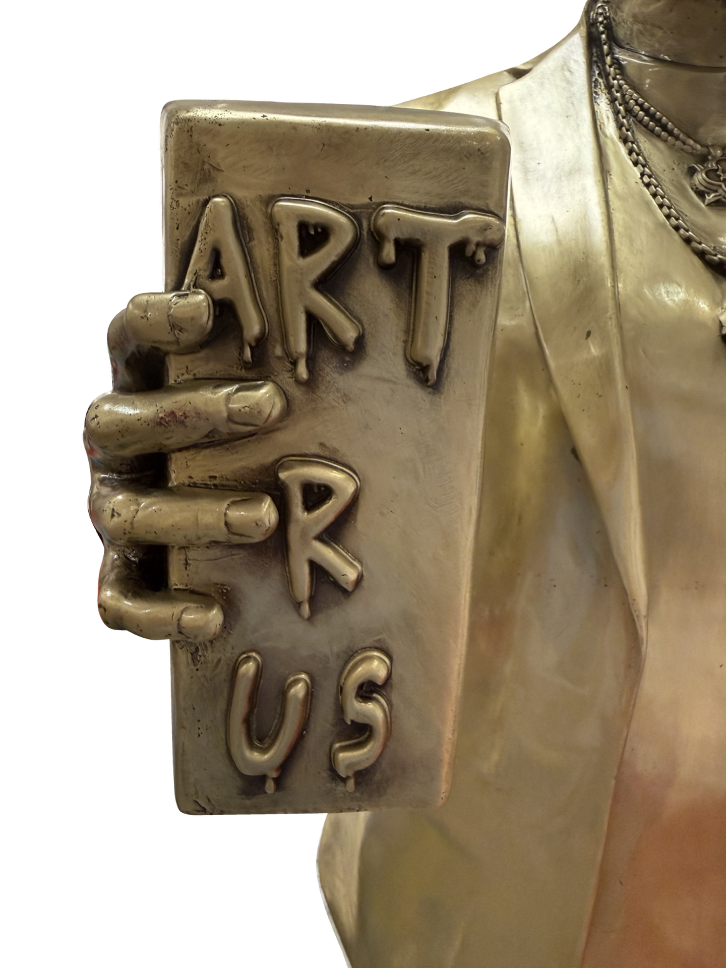 The sculpted hand and bar inscribed Art R us in The Gold Standard