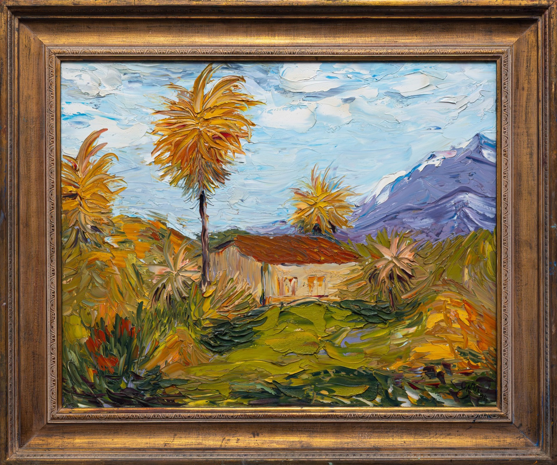 JD Miller, Costa Rica Red Roof, 1998, a palette knife oil painting of a red-roofed house beneath palms and mountains, painted the night of his first lesson with Liz Richardson