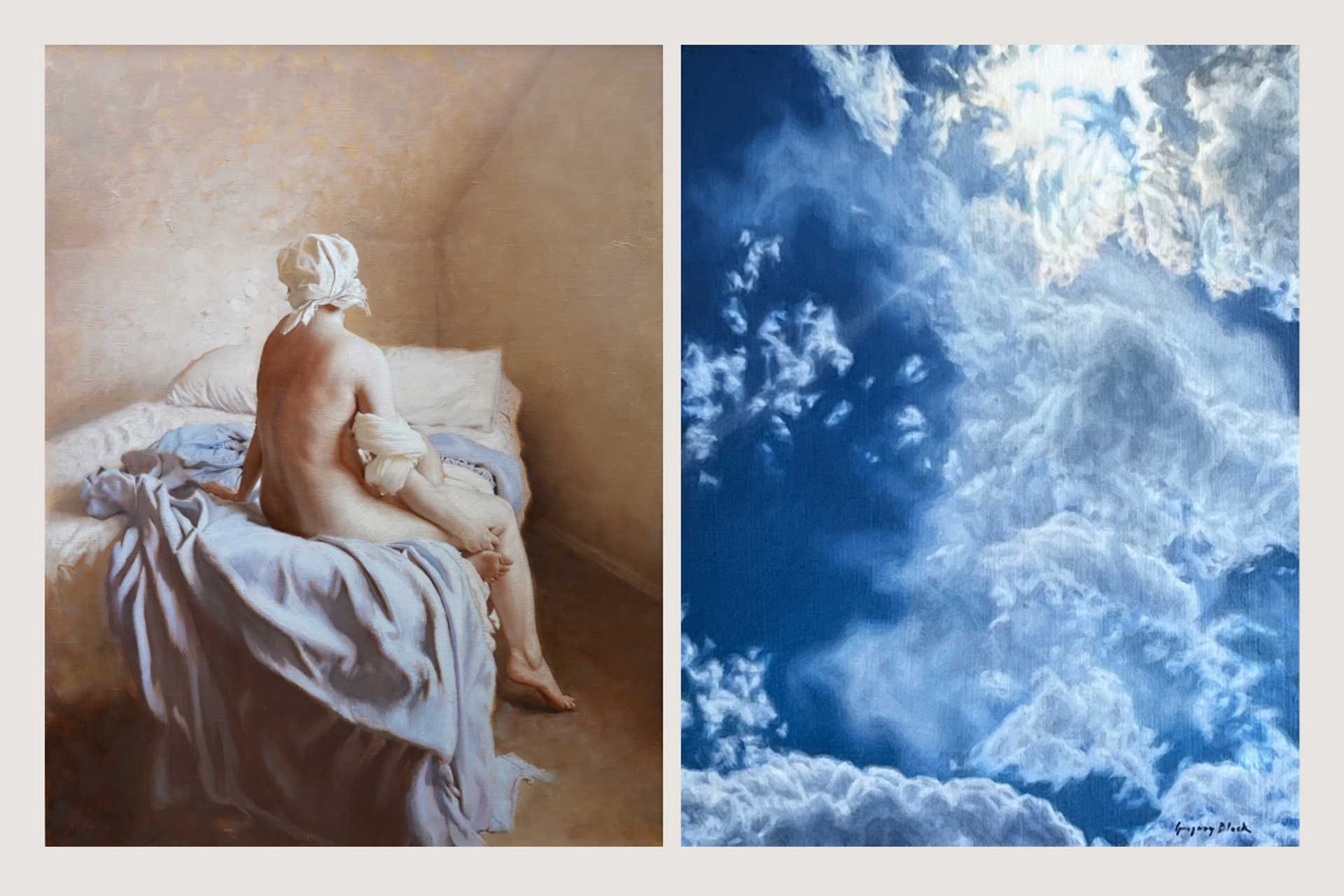 Two paintings shown side by side from Flourishing Through Beauty at Gallery 1261. At left, Carla Paine's A Bather After Ingres: a seated nude woman seen from behind on a bed amid draped white and pale-blue linens in warm light. At right, Gregory Block's Sunburst 1: sunlit white clouds parting against a deep blue sky.