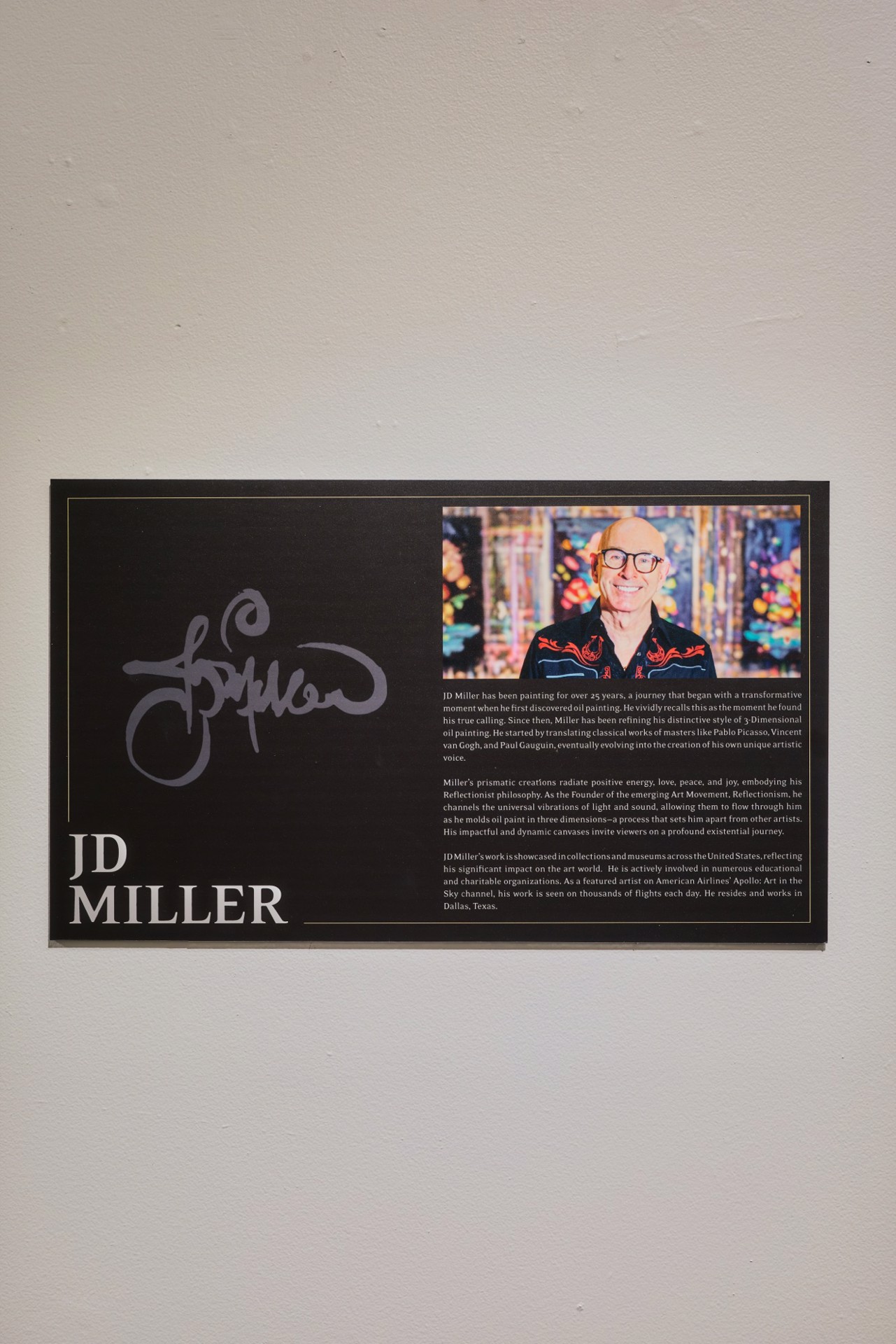 JD Miller's artist board at the Inaugural Reflectionist Exhibition, Samuel Lynne Galleries, Dallas
