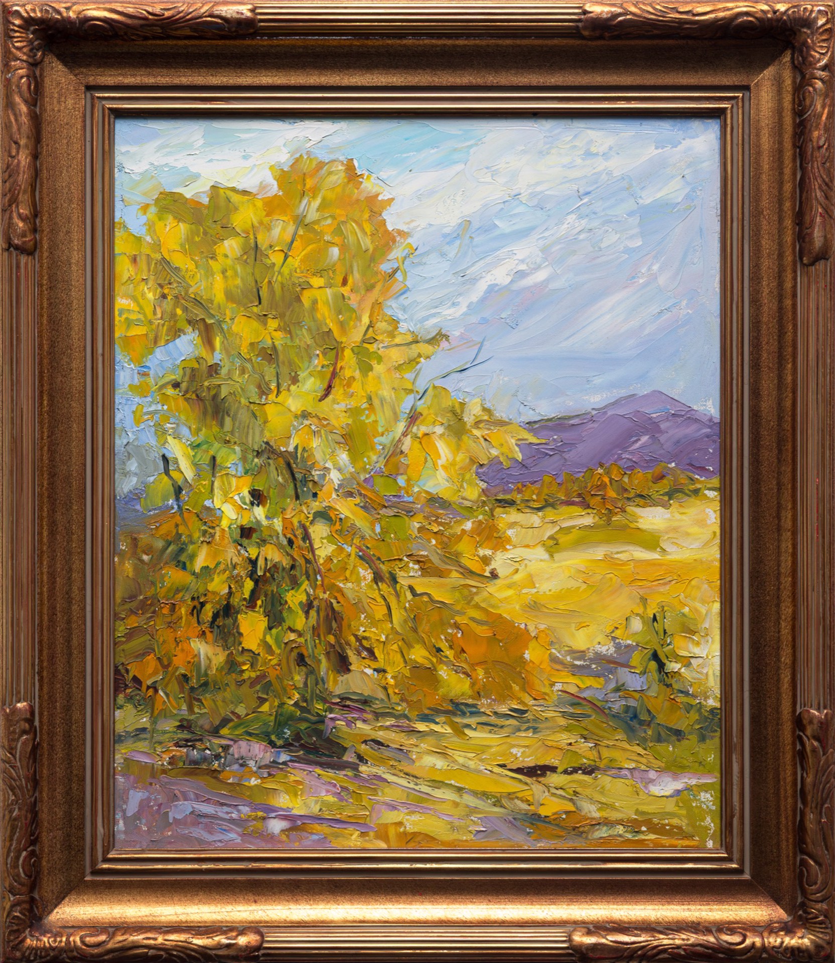 Liz Richardson, Golden Aspen on a Summer Day, 1998, a palette knife oil painting of a golden aspen tree, painted during JD Miller's first private lesson
