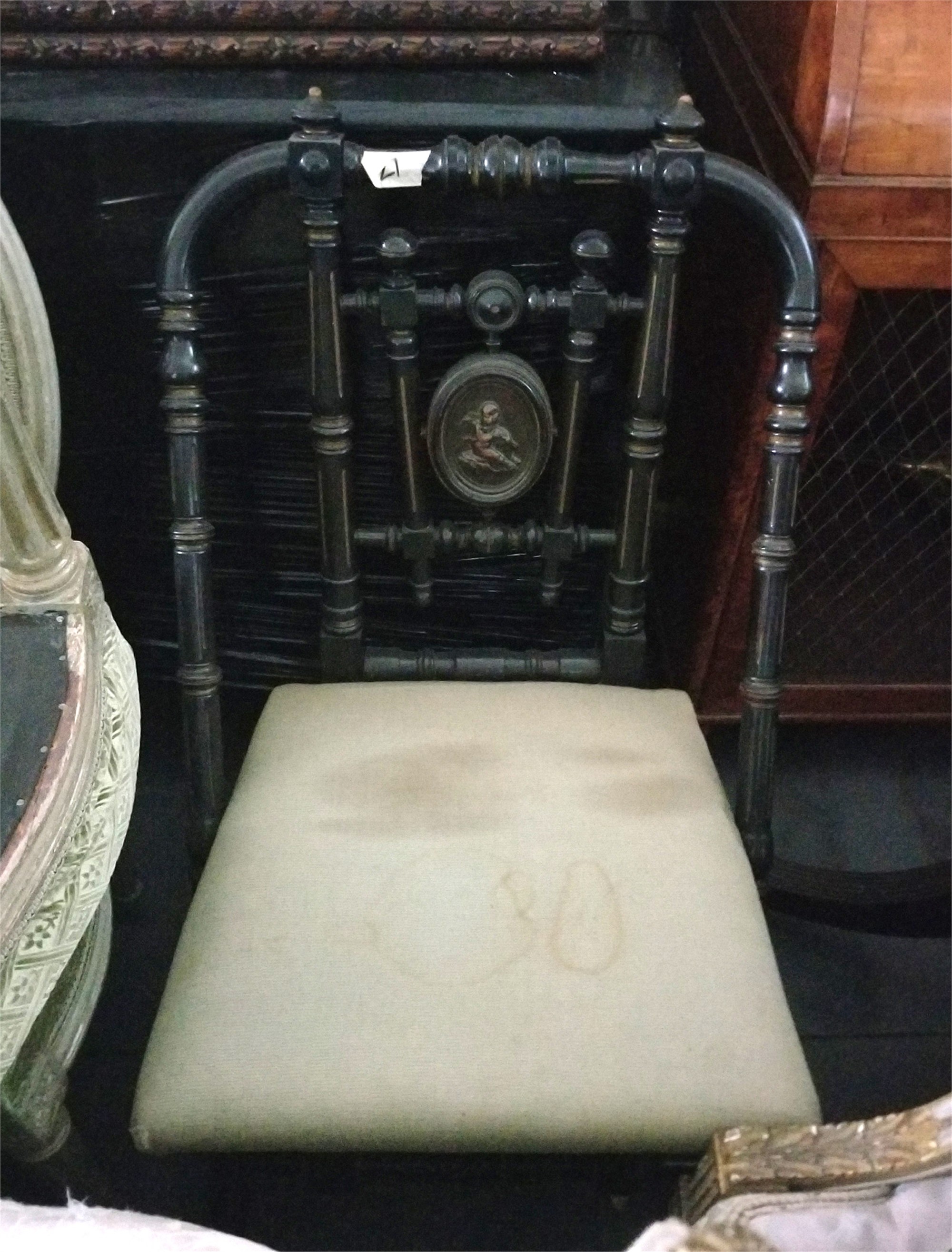 Black Painted Chair With Gilt Designs With A Green Fabric Seat