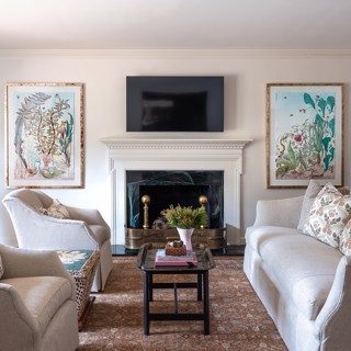 A pair of Alexandra Eastburn watercolors add a subtle wash of color to this serene living space. Design: Dudley Rhodes, Photo: Ross Group Creative A pair of Alexandra Eastburn watercolors add a subtle wash of color to this serene living space. Design: Dudley Rhodes, Photo: Ross Group Creative