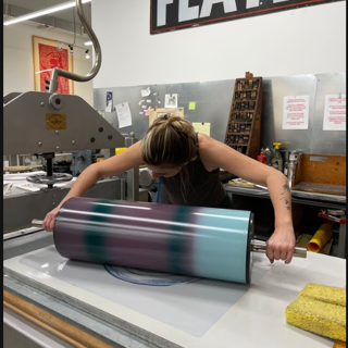 Flatbed Press helps Laura with the printing process for her series of lithographs. Flatbed Press helps Laura with the printing process for her series of lithographs.