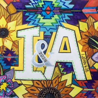 Wedding present- first initials of the couple getting married surrounded by patterns from aspects of their lives. This one includes: Sunflower (Kansas), Rocky Mountain columbine (Colorado), and Native American patterns. 8x10 inches. Watercolor, gouache, and metallic watercolor. 