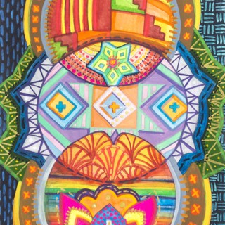 This artwork was commissioned with the request that it be about diversity and was given as a gift to a keynote speaker at a Peoria conference. I wanted to illustrate the different experiences, values, and cultures our city contains. We all have our own pocket of community, while at the same time strengthening and enriching the city as a whole. This is where the central interlocking circle designs come from. Within the circles, I artistically reference a few cultural designs of people in my own Peoria acquaintance: Cherokee Nation, Mexico, China, Phillipines, Choctaw, Ghana. The middle circle has an outside pattern based on the architecture of the downtown bridge. 5x7 inches. Watercolor, gouache, and metallic watercolor. 