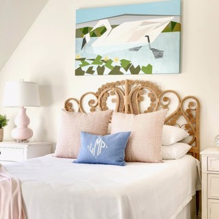 Millie Sims swan print goes swimmingly above this lovely curled headboard. Design: Sarah Spinosa Design, Photo: Ross Group Creative Millie Sims swan print goes swimmingly above this lovely curled headboard. Design: Sarah Spinosa Design, Photo: Ross Group Creative
