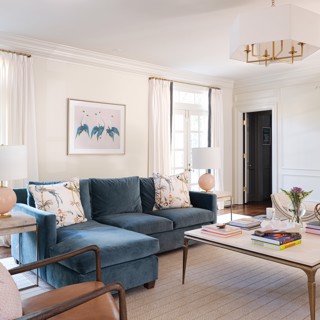 This print by Millie Sims brings the room together. Designer: Cameron Howell, Photo: Ross Group Creative This print by Millie Sims brings the room together. Designer: Cameron Howell, Photo: Ross Group Creative