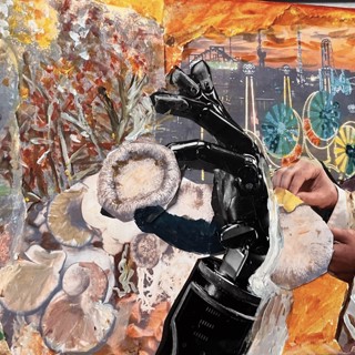 "A Boost" (2022). Maria Bronkema. Collage and acrylic on canvas. 11 x 14 in