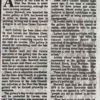 April 1979 Des Moines Register article about new ownership of Jan's Gallery April 1979 Des Moines Register article about new ownership of Jan's Gallery