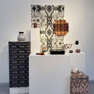 Installation Inquiry:  Custom fabric and painted dish-ware combined with personal collection of artwork/antiquities by other artists.   Installation experiment, the inquiry being how to include other native or non-native artists in not only my work but my installations, bring honor, knowledge, and collaboration culturally in that way. How could arts and antiquities from the community being shown in be included or revalued in a contemporary exhibition? How can the work of known and unknown native artists be brought forward by using my platform in spaces where they often have never been heard of in a honoring, respectful way?   This was only an inquiry and I’m interested in the exhibition question going forward, but I recognize it must be done with a lot of thought, discussion, and work among tribes and other artists. 