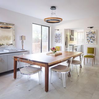 A pair of Mary Singleton pieces brings a splash of color to this bright and airy dining room. Design: Heather Cray, Worlds Apart, Photo: Ross Group Creative A pair of Mary Singleton pieces brings a splash of color to this bright and airy dining room. Design: Heather Cray, Worlds Apart, Photo: Ross Group Creative