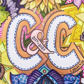 Wedding present- first initials of the couple getting married surrounded by patterns from aspects of their lives. This one includes: Sunflower (Kansas), Thistle (Scotland),  rhododendron (Washington), and Thai style patterns. 8x10 inches. Watercolor, gouache, and metallic watercolor. 