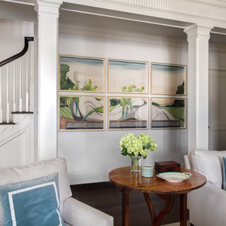Adam Batchelor's multi-canvas work fills this space with quiet sophistication. Design: Caroline V. Smith Interiors, Photo: Ross Group Creative Adam Batchelor's multi-canvas work fills this space with quiet sophistication. Design: Caroline V. Smith Interiors, Photo: Ross Group Creative