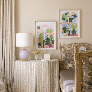 This pair of Maria Lundstrom works on paper add a touch of playful color to this bedroom space. Designer: Miller Cowan and Rhea Crenshaw, Photo: Ross Group Creative This pair of Maria Lundstrom works on paper add a touch of playful color to this bedroom space. Designer: Miller Cowan and Rhea Crenshaw, Photo: Ross Group Creative