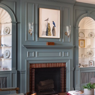 Lauren Matsumoto's work takes flight against this background of muted blue. Design: Caroline V. Smith Interiors, Photo: Ross Group Creative Lauren Matsumoto's work takes flight against this background of muted blue. Design: Caroline V. Smith Interiors, Photo: Ross Group Creative