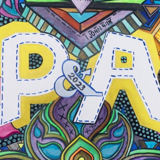 Wedding present- first initials of the couple getting married surrounded by patterns from aspects of their lives. This one includes: Sunflower (Kansas), rhododendron (Washington), and Thai style patterns. 8x10 inches. Watercolor, gouache, and metallic watercolor. 