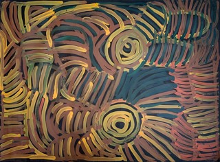 Yellow, brown and red abstract painting depicting ceremonial body paint designs from Australia's central desert people Yellow, brown and red abstract painting depicting ceremonial body paint designs from Australia's central desert people