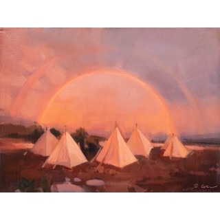 "Study (A New Light)" - Framed Landscape Oil Painting by Robin Cole | Southwestern Sunset Scene Small oil painting by Robin Cole depicting three white teepees against a vibrant orange sky at sunset, set in a rustic dark wooden frame.
