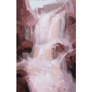"Study II (Surrender)" - Framed Waterfall Landscape Oil Painting by Robin Cole | Nature-Inspired Art Oil painting of a waterfall cascading over rocky cliffs, rendered in soft shades of white, pink, and brown, framed in black.