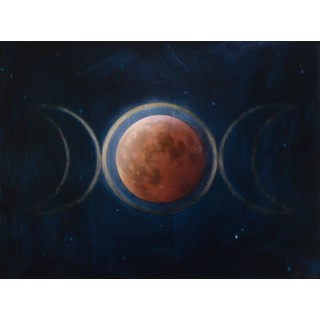 "Blood Moon" - Enigmatic Red Moon over Lake Landscape - Oil and Gold Painting by Robin Cole Oil and gold painting on panel depicting a mysterious red moon hanging over a tranquil lake, titled "Blood Moon" by Robin Cole.