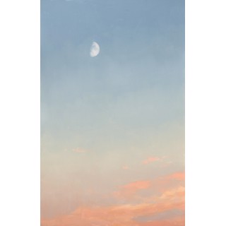 "The Same Moon" - Minimalist Oil Painting by Robin Cole | Waning Crescent Moon Artwork "The Same Moon" Oil painting of a waning crescent moon in a pale blue sky with soft pink clouds, framed in a gold frame, by Robin Cole.