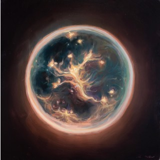 "Embryo II:" Fiery Oil Painting on Panel by Robin Cole (2023) | Original Contemporary Art A framed oil painting depicting a glowing, fiery sphere resembling an embryo against a dark background by Robin Cole.