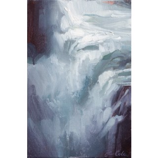 "Study III (Surrender)" - Abstract Oil Painting by Robin Cole | Framed Artwork Abstract oil painting featuring cascading shades of white, gray, and burgundy in a small black frame.