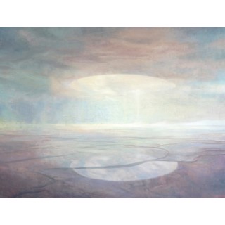 "The Space Between" - Oil Painting by Robin Cole "The Space Between" by Robin Cole, a serene oil on panel painting showcasing a mystical, hazy landscape with soft light emanating from the center, size 40 x 52 inches framed to 43.50 x 55.50 inches.