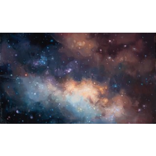 Robin Cole's "Study (Stardust)" (2023): A Mesmerizing Cosmic Landscape in Oil Oil painting "Study (Stardust)" by Robin Cole (2023), depicting a vibrant celestial scene with nebulae, stars, and cosmic dust in hues of blue, purple, and orange, set in a black frame.
